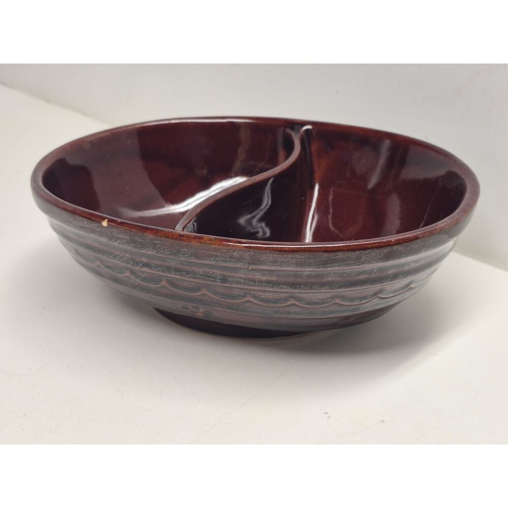 Vtg Marcrest Stoneware Brown Daisy Dot Divided Serving Dish Bowl Ovenproof